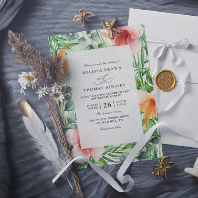 Convites Casamento Código QR Floral Hibisco Tropical Paraís (Criador carregado)