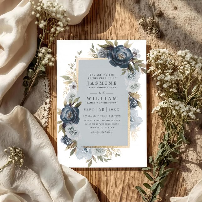 Convites Casamento Código QR Floral Indigo Romântico Elegan (Criador carregado)