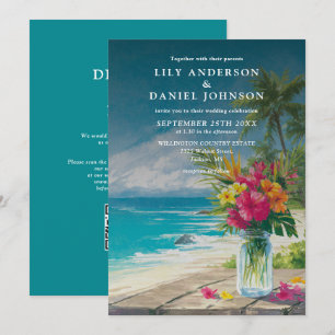 Convites Casamento Código QR Floral Jarro de Mason Praia Tr
