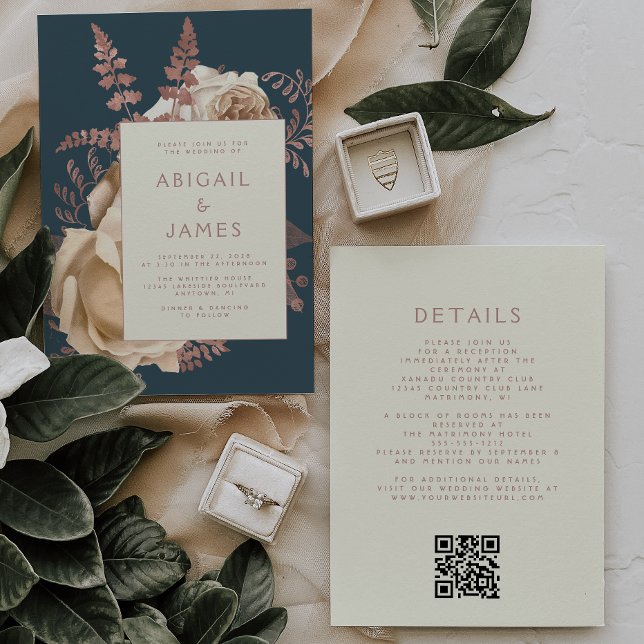 Convites Casamento Código QR Floral Marfim Dourado Rosa Tur (Criador carregado)