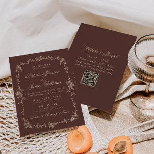 Convites Casamento Código QR Floral Marrom Chocolate Old Mo