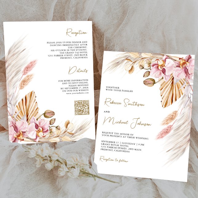 Convites Casamento Código QR Floral Orquídea Rosa Boho Pamp (Criador carregado)