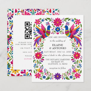 Convites Casamento Código QR Floral Otomi Pássaros Mexicano