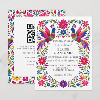 Convites Casamento Código QR Floral Otomi Pássaros Mexicano