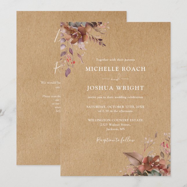 Convites Casamento Código QR Floral Outono Rústico (Frente/Verso)