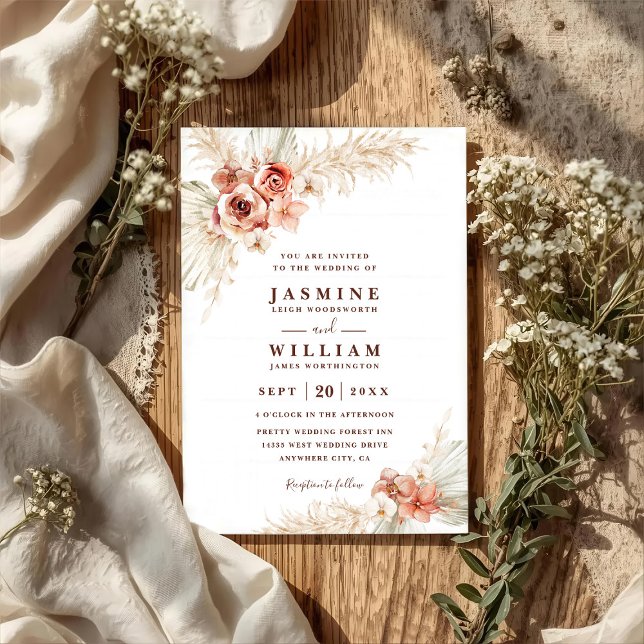 Convites Casamento Código QR Floral Pampas Boho Elegante Ch (Criador carregado)