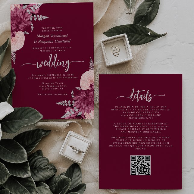 Convites Casamento Código QR Floral Prata Bege Borgonha (Criador carregado)
