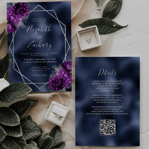 Convites Casamento Código QR Floral Prata Roxo em Folha de 