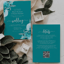 Convites Casamento Código QR Floral Prata Turquesa
