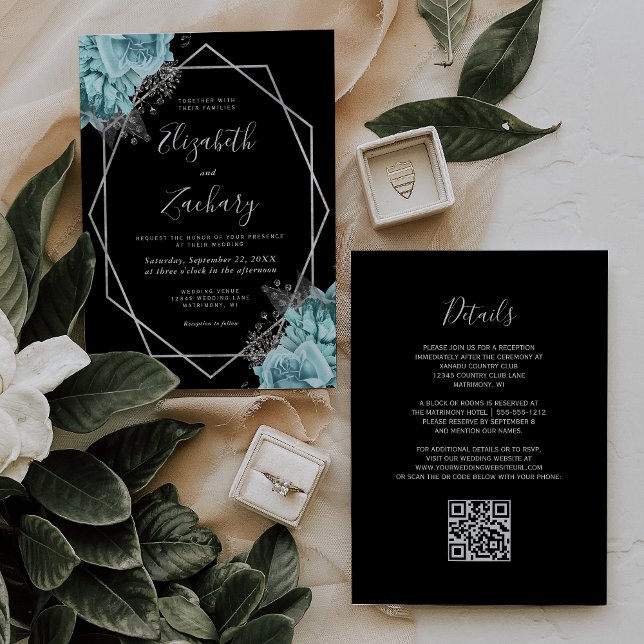 Convites Casamento Código QR Floral Preto Aqua Prata (Criador carregado)