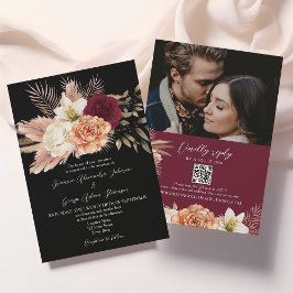 Convites Casamento Código QR Floral Preto Borgonha