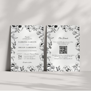 Convites Casamento Código QR Floral Preto e Branco Elegante