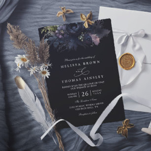 Convites Casamento Código QR Floral Preto Elegante Gótico S