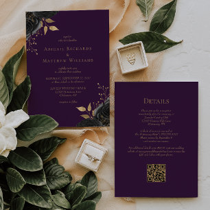 Convites Casamento Código QR Floral Preto Romântico Roxo