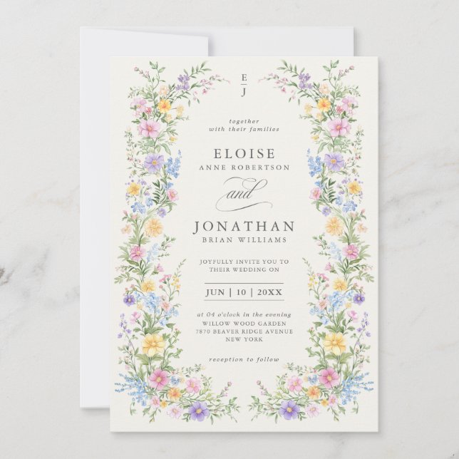 Convites Casamento Código QR Floral Primavera Ornado Pastel (Frente)