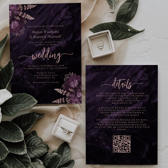 Convites Casamento Código QR Floral Rosa Dourado Roxo Elega (Criador carregado)