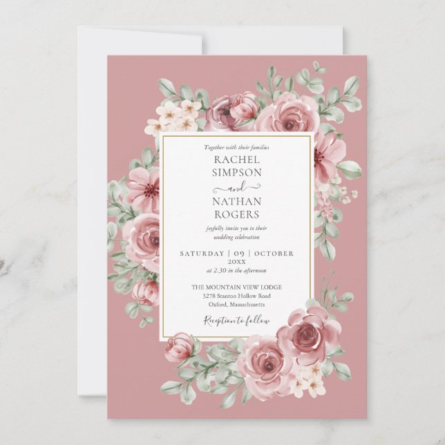 Convites Casamento Código QR Floral Rosa Empoeirada (Frente)