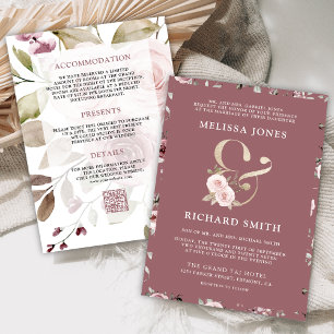 Convites Casamento Código QR Floral Rosa Empoeirado Desbota