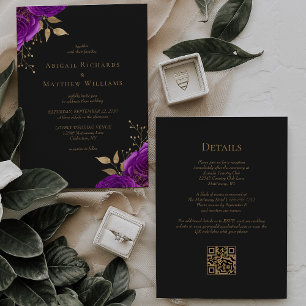 Convites Casamento Código QR Floral Roxo Dourado Romântico