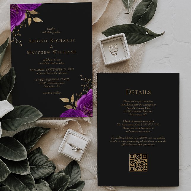 Convites Casamento Código QR Floral Roxo Dourado Romântico (Criador carregado)