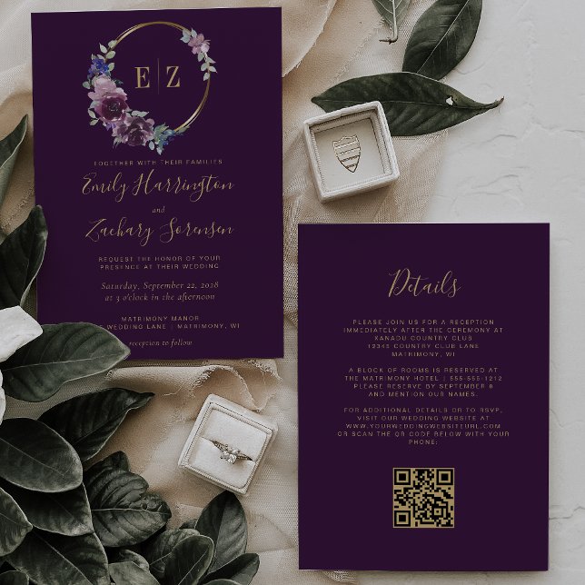Convites Casamento Código QR Floral Roxo Monograma Coroa (Criador carregado)