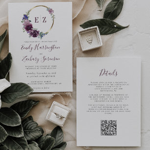 Convites Casamento Código QR Floral Roxo Monograma Coroa