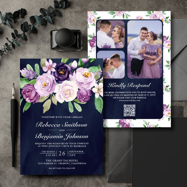 Convites Casamento Código QR Floral Roxo Rústico Azul Marin (Criador carregado)