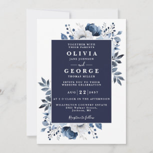 Convites Casamento Código QR Floral Rústico Azul Marinho El
