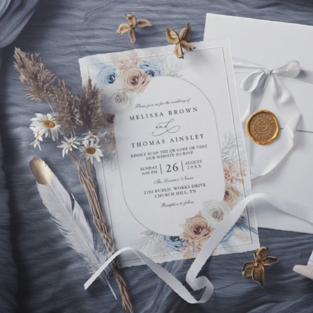 Convites Casamento Código QR Floral Rústico Boho Azul Bege (Criador carregado)