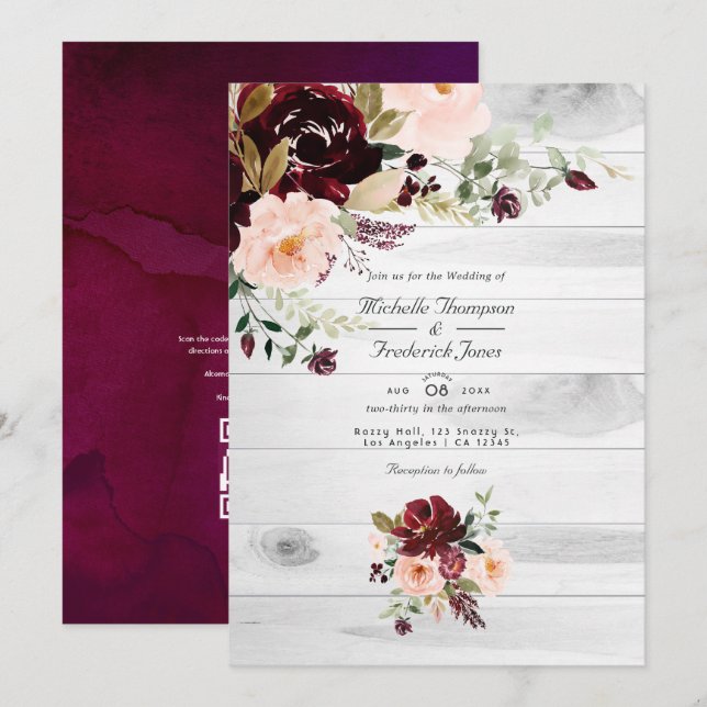 Convites Casamento Código QR Floral Rústico Borgonha e Rosa (Frente/Verso)