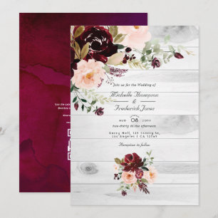 Convites Casamento Código QR Floral Rústico Borgonha e Rosa