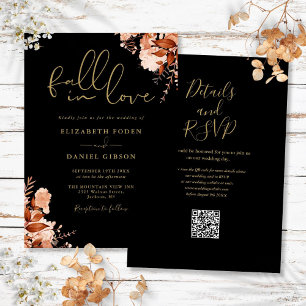Convites Casamento Código QR Floral Rústico Preto e Dourado