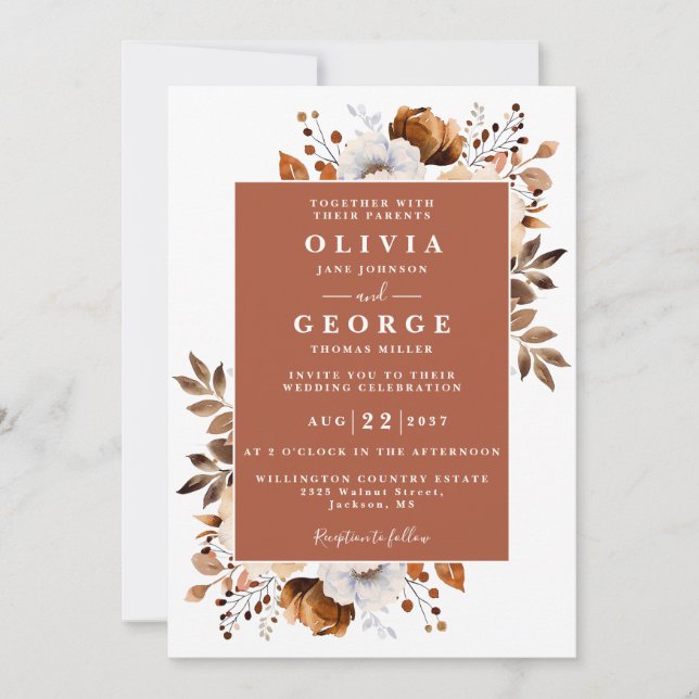 Convites Casamento Código QR Floral Rústico Terracota (Frente)