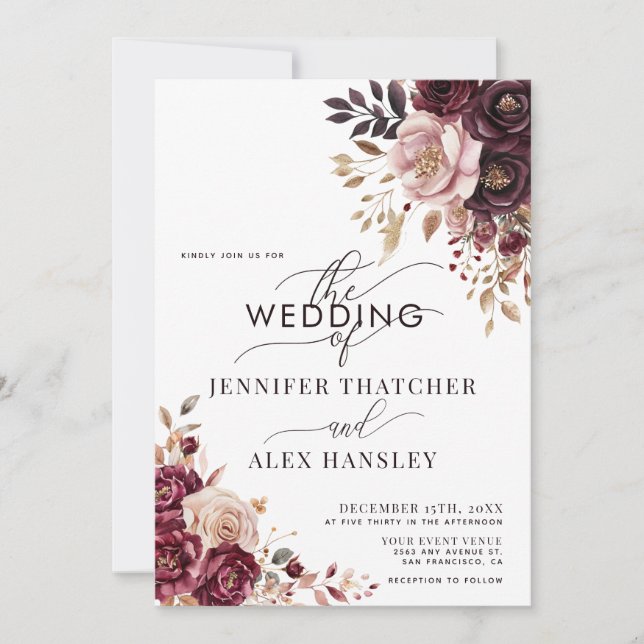 Convites Casamento Código QR Floral Script Bege Borgonha (Frente)