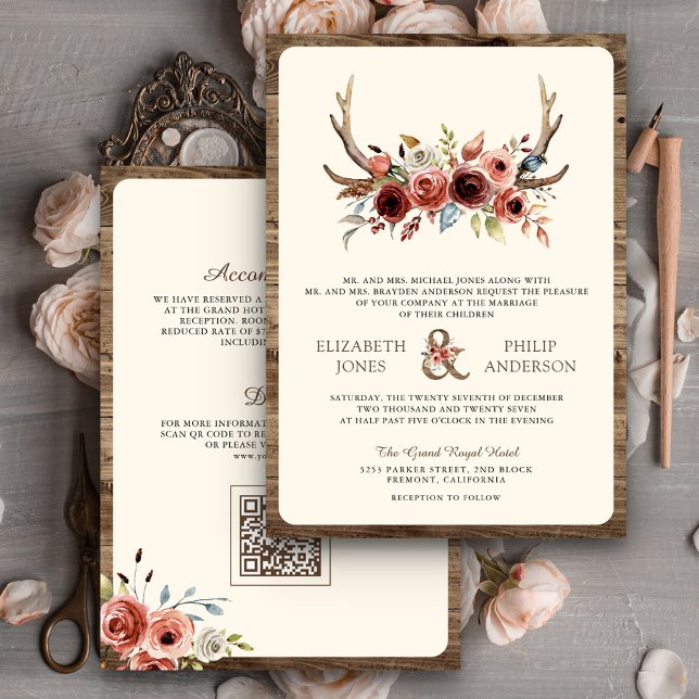 Convites Casamento Código QR Floral Terracota Chifres Boho (Criador carregado)