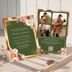 Convites Casamento Código QR Floral Terracota Verde Oliva