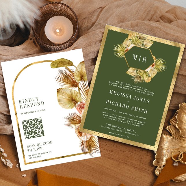 Convites Casamento Código QR Floral Terroso Boho em Verde O (Criador carregado)