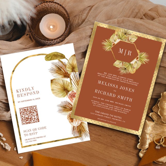 Convites Casamento Código QR Floral Terroso Boho Palma (Criador carregado)