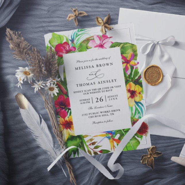 Convites Casamento Código QR Floral Tropical Colorido Elega (Criador carregado)