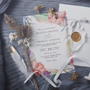 Convites Casamento Código QR Floral Tropical Luau Havaiano