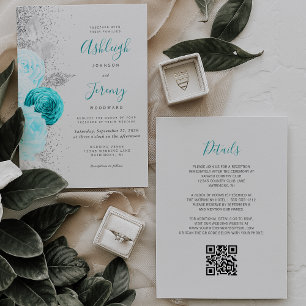 Convites Casamento Código QR Floral Turquesa Cinza Prata