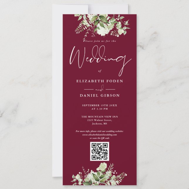 Convites Casamento Código QR Floral Verde Burgundy (Frente)