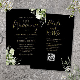 Convites Casamento Código QR Floral Verde Dourado e Preto