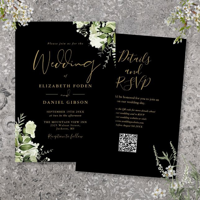 Convites Casamento Código QR Floral Verde Dourado e Preto (Black And Gold Greenery Floral QR Code Wedding Invitation)