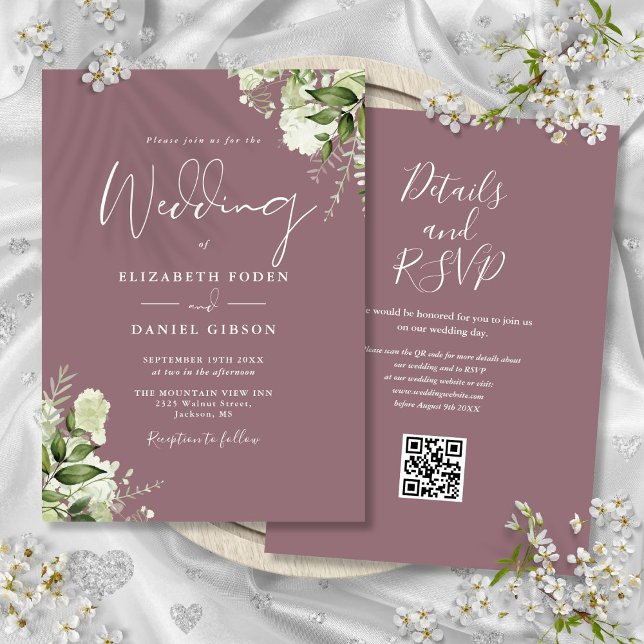 Convites Casamento Código QR Floral Verde Malva (Mauve Greenery Floral QR Code Wedding Invitation)