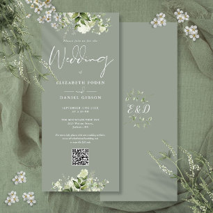 Convites Casamento Código QR Floral Verde Oliva
