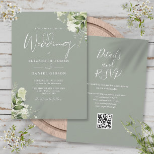 Convites Casamento Código QR Floral Verde Oliva Vegetação