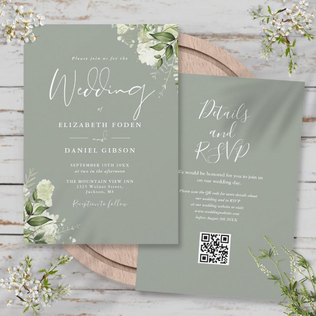 Convites Casamento Código QR Floral Verde Oliva Vegetação (Greenery Floral Sage Green QR Code Wedding Invitation)