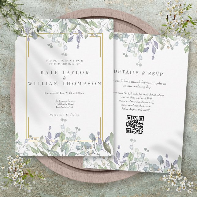 Convites Casamento Código QR Floral Verde Olmo Lilás (Greenery Floral Sage Lilac QR Code Wedding Invitation)