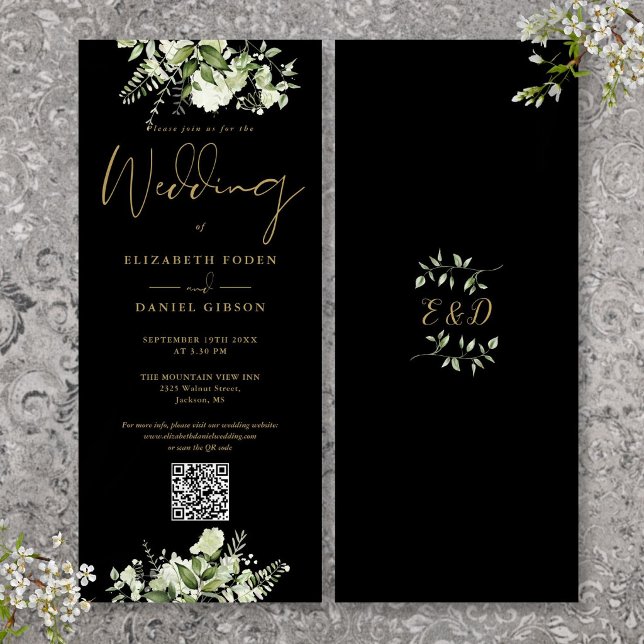 Convites Casamento Código QR Floral Verde Preto e Dourado (Greenery Floral Black And Gold QR Code Wedding Invitation)